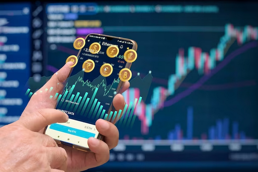 Hand with smartphone displaying cryptocurrency market
