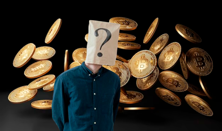 Person with Question Mark Paper Bag on Bitcoin Background