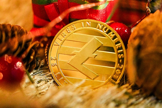 A gold Litecoin surrounded by the ornaments